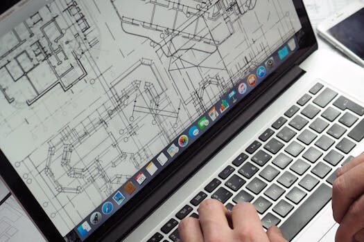 Architect reviewing detailed floor plans and schematics on a laptop with a smartphone nearby.